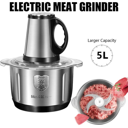 5L Electric Meat Grinder – Stainless Steel Multifunctional Food Processor, Chopper & Vegetable Slicer