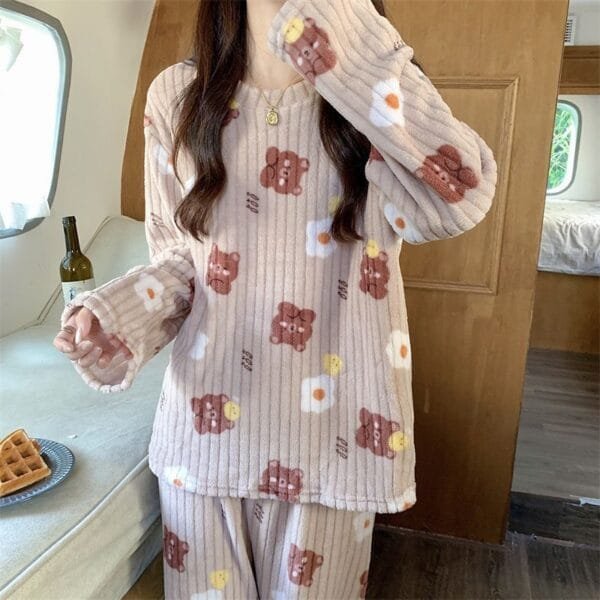 Women's Pajamas Autumn Winter Warm Pyjamas Sets Thick Coral Long Sleeve Cute Cartoon Bear Sleepwear Home Nightclothes - Image 3