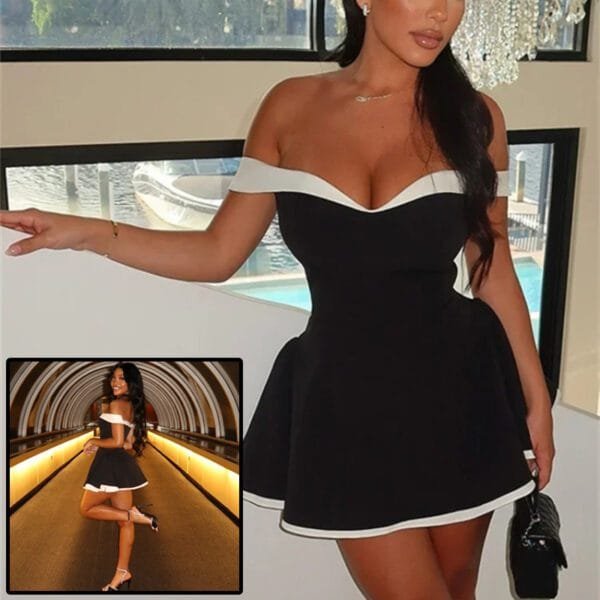 Women's Black And White Patchwork Summer Dress Y2K Trend Slash Neck Backless Sweet Girl Chic Ruched Mini Bodycon Streetwear