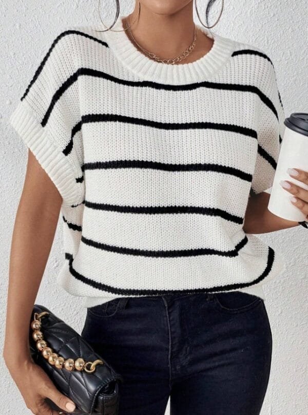 Striped Pattern Batwing Sleeve Knit Top - Image 2