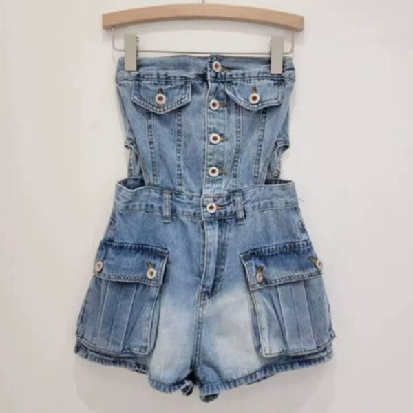 Hot Girl Breasted Hollow-out Midriff Tube Top Cowboy Siamese Shorts For Women - Image 2