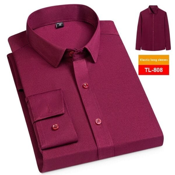 Men's Spring Long Sleeve Solid Color No Pocket Business Casual Stretch Shirt - Image 4