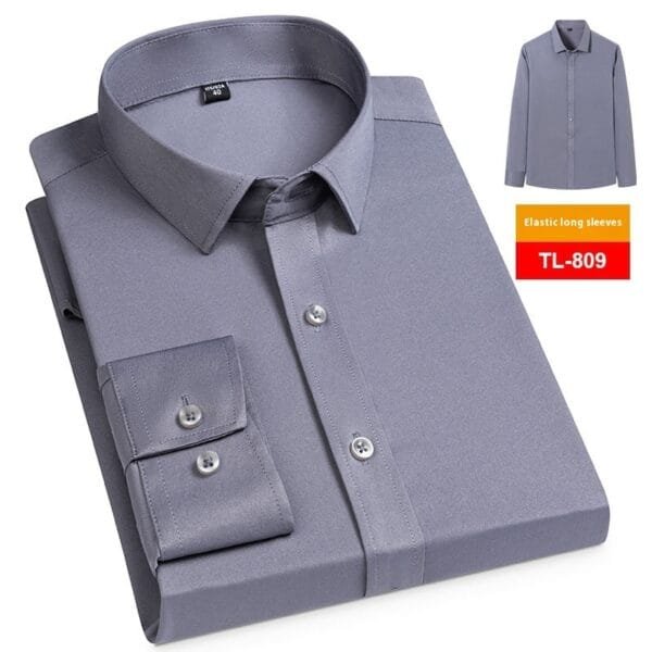 Men's Spring Long Sleeve Solid Color No Pocket Business Casual Stretch Shirt - Image 7