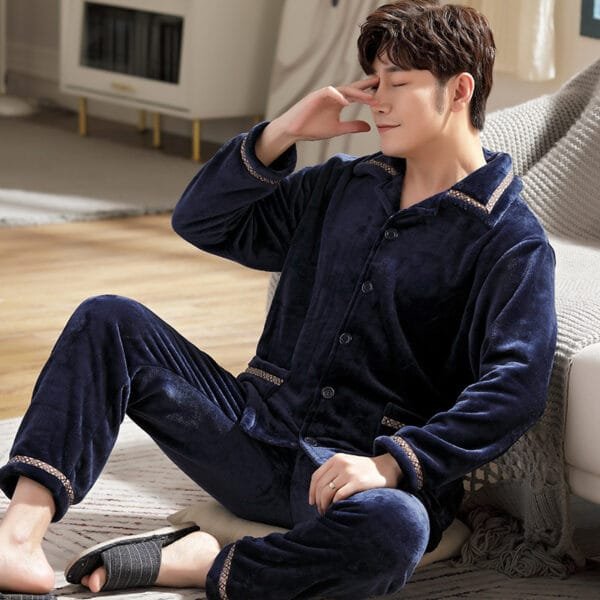 Autumn And Winter Flannel Men's Pajamas Men's Lapel Cardigan - Image 7