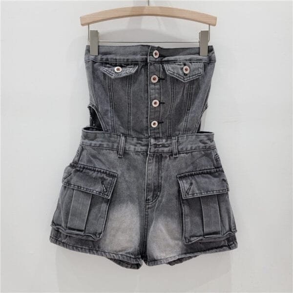 Hot Girl Breasted Hollow-out Midriff Tube Top Cowboy Siamese Shorts For Women - Image 3