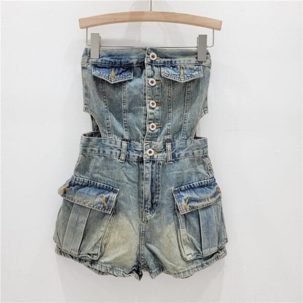 Hot Girl Breasted Hollow-out Midriff Tube Top Cowboy Siamese Shorts For Women - Image 6