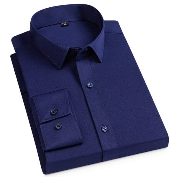 Men's Spring Long Sleeve Solid Color No Pocket Business Casual Stretch Shirt - Image 10