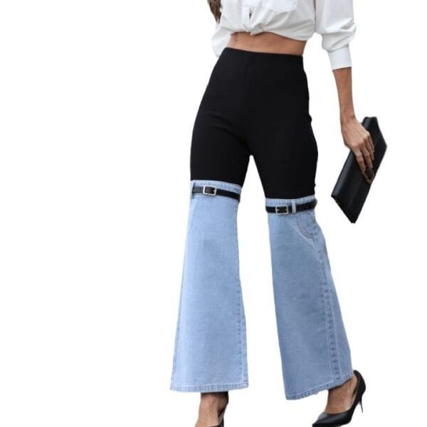 Fashion Slim Knit Denim Stitching Elastic Waist - Image 2