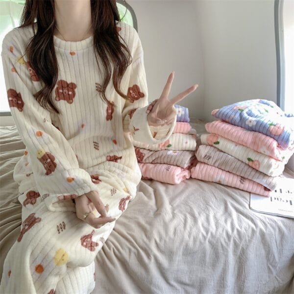 Women's Pajamas Autumn Winter Warm Pyjamas Sets Thick Coral Long Sleeve Cute Cartoon Bear Sleepwear Home Nightclothes - Image 5