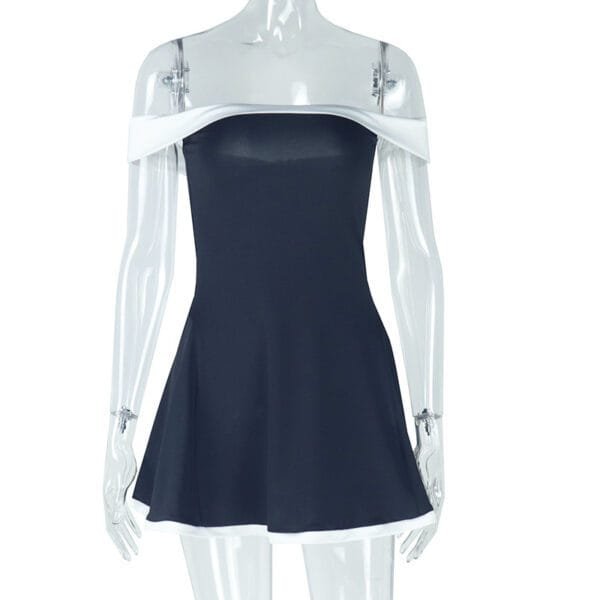 Women's Black And White Patchwork Summer Dress Y2K Trend Slash Neck Backless Sweet Girl Chic Ruched Mini Bodycon Streetwear - Image 2