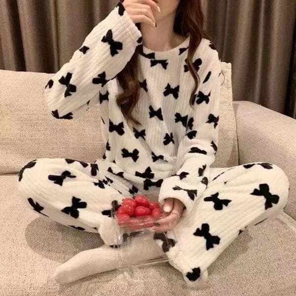 Women's Pajamas Autumn Winter Warm Pyjamas Sets Thick Coral Long Sleeve Cute Cartoon Bear Sleepwear Home Nightclothes - Image 7
