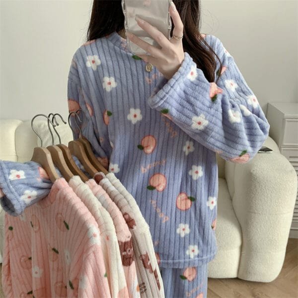 Women's Pajamas Autumn Winter Warm Pyjamas Sets Thick Coral Long Sleeve Cute Cartoon Bear Sleepwear Home Nightclothes - Image 8